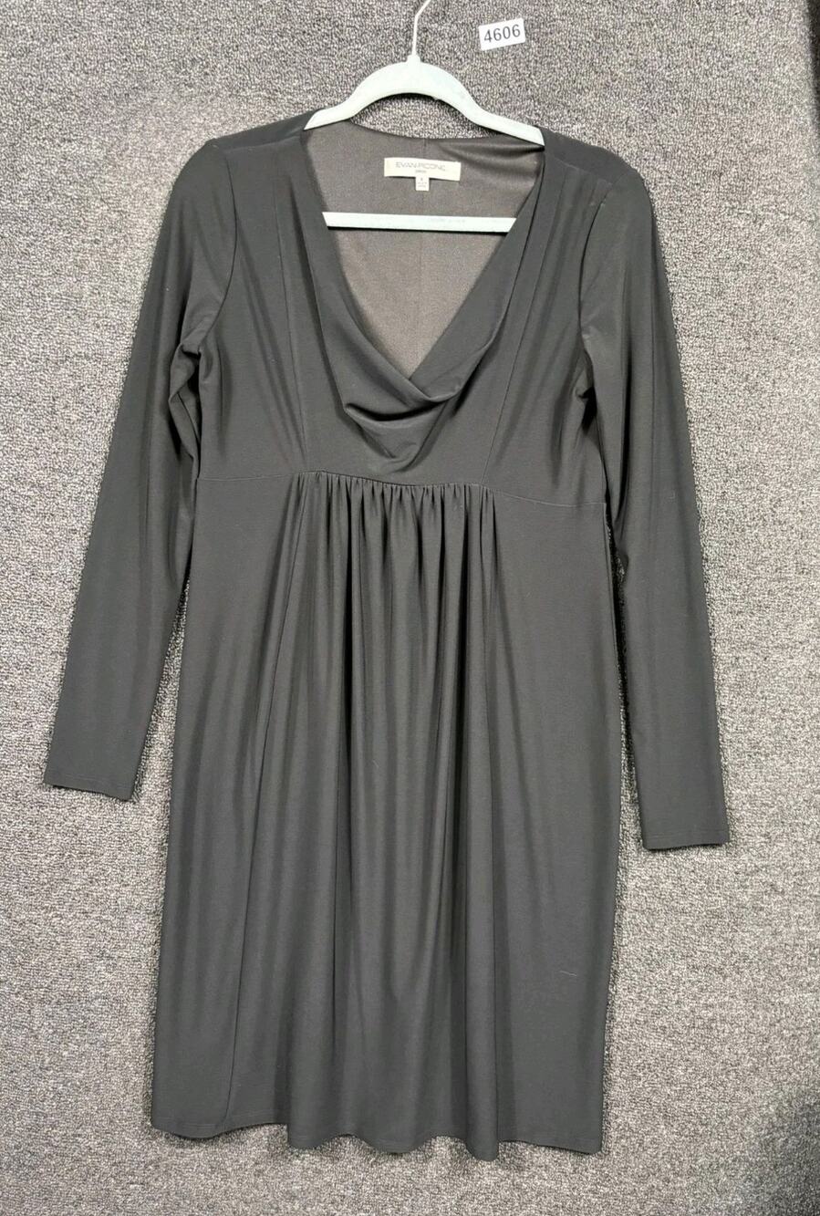 Evan Picone A-Line Dress Womens Size 8 Black Gray Pleated Ruched 3/4 Sleeves